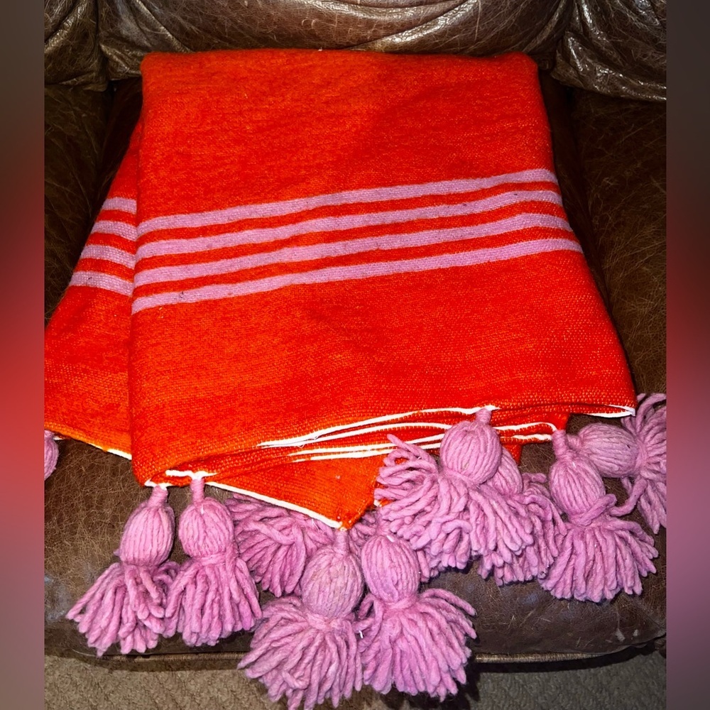 Custom Orange and Pink Striped Wool Blanket with Tassels